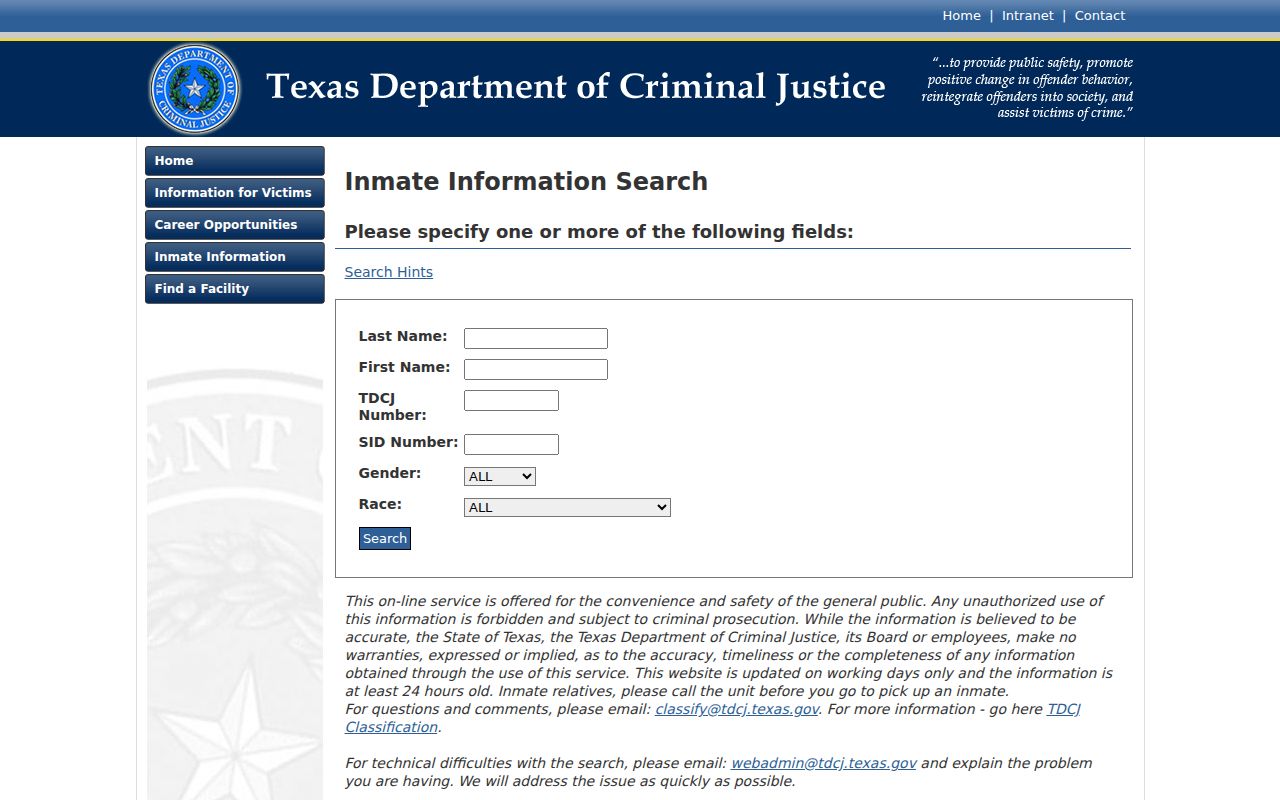 TDCJ state prison search fields for Edwards County arrest records research