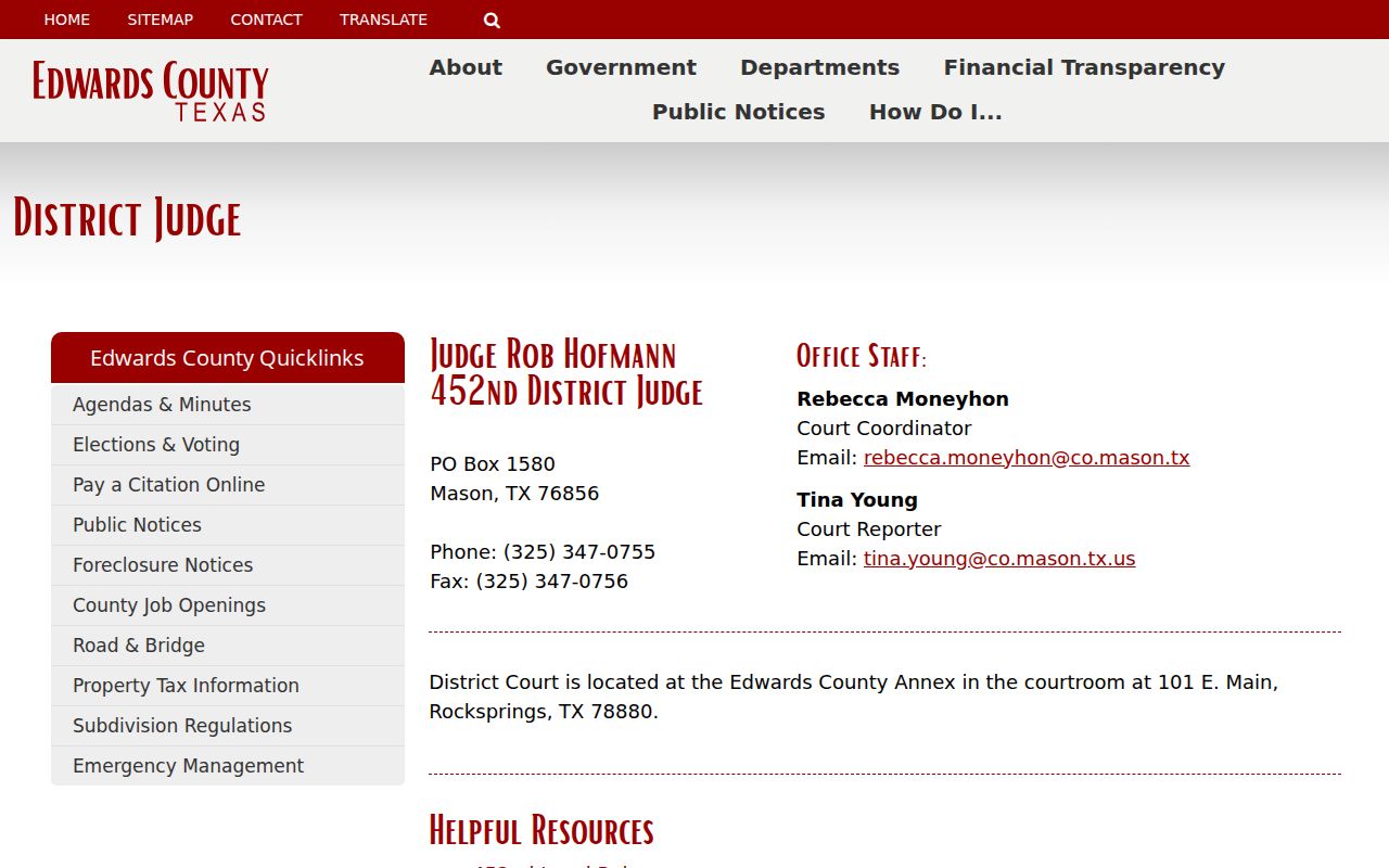 Edwards County criminal court case page for the 452nd District Court