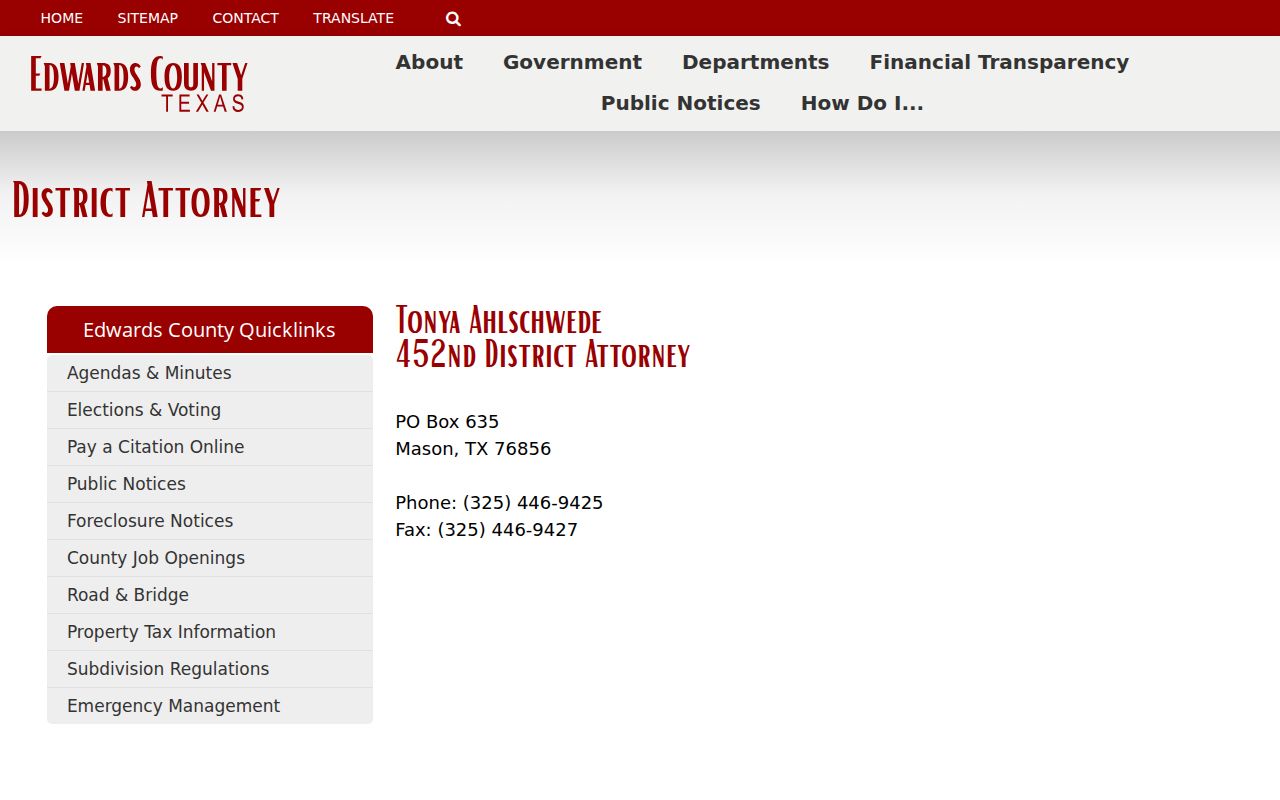 452nd Judicial District Attorney page serving Edwards County criminal court cases
