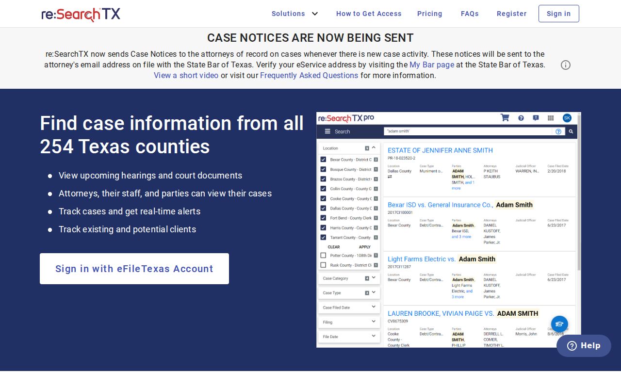 re:SearchTX access screen for Edwards County criminal court case research