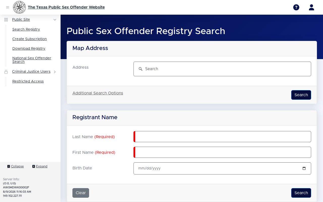 Texas DPS registry form for an Edwards County sex offender search